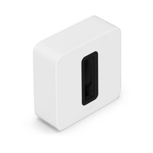 Der Sonos Sub 4 Subwoofer in Weiß besticht durch sein rechteckiges Design mit abgerundeten Kanten und einer schwarzen Aussparung in der Mitte, die eine dynamische Wiedergabe ermöglicht und sich von einem schlichten weißen Hintergrund abhebt.