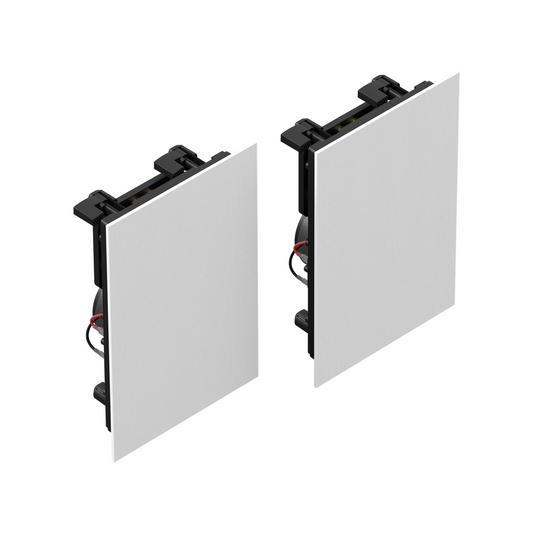 Zwei rechteckige, wandmontierte Sonos In-Wall Speaker von Sonos und Sonance im Paar von Soundreference in Weiß sorgen für ein nahtloses Klangerlebnis; gezeigt vor weißem Hintergrund mit sichtbarer schwarzer Hardware und Verkabelung.