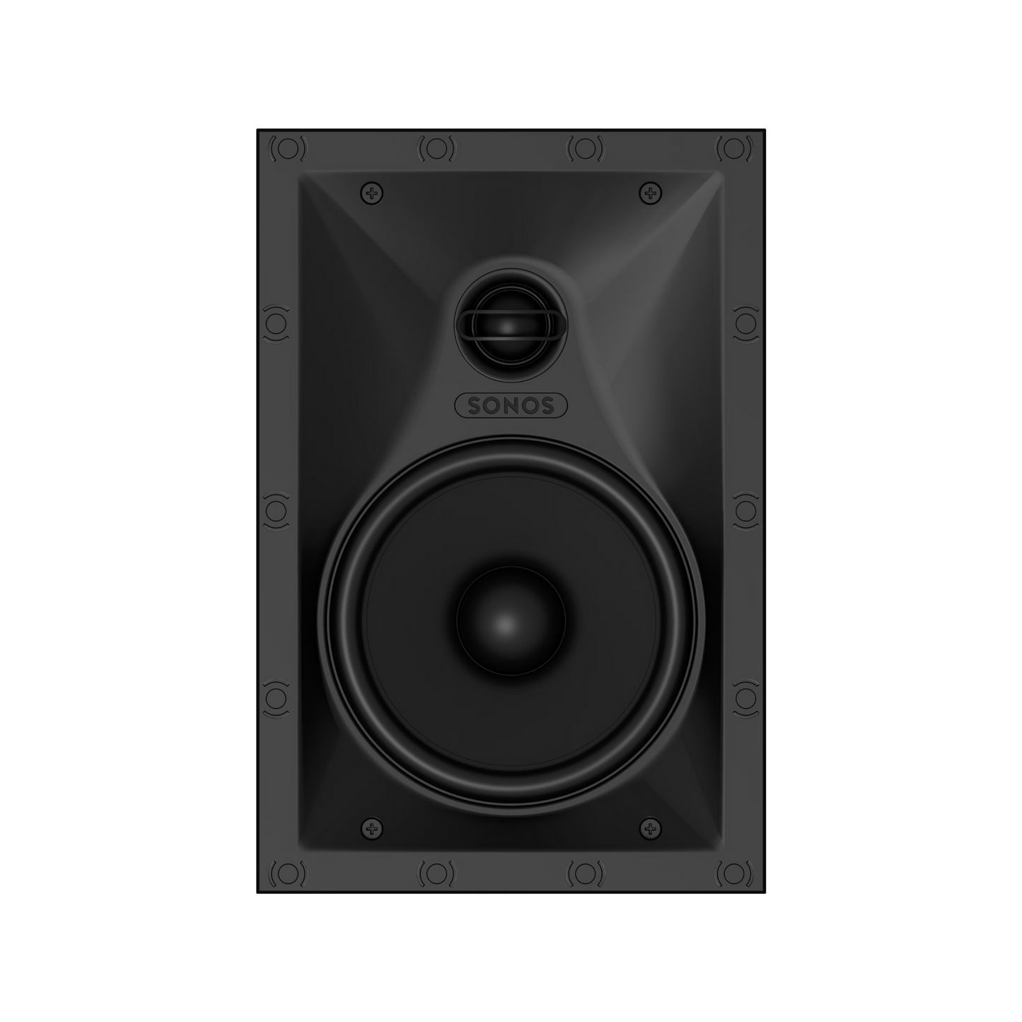 Der Sonos In-Wall Speaker von Sonos und Sonance Paar by Soundreference ist ein schwarzer rechteckiger Lautsprecher mit sichtbaren Schrauben, einem zentralen Tieftöner und einem oberen Hochtöner, der für immersiven Sound und Trueplay Tuning entwickelt wurde.