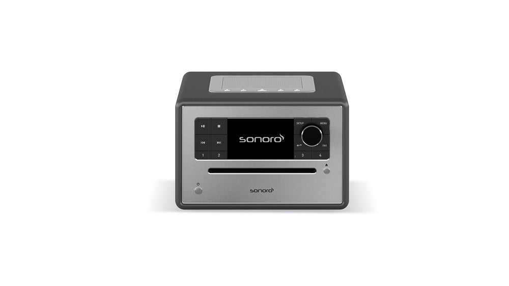 Der Sonoro Elite ist ein kompaktes All-in-One Musiksystem in Graphit (matt) - Silber mit digitalem Display, Bedientasten, großem Ziffernblatt, CD-Schacht auf der Vorderseite und Bluetooth-Konnektivität in einem schlanken, modernen Design.