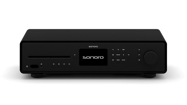 Ein Sonoro Maestro Quantum Verstärker in Schwarz (matt) mit zentralem Digitaldisplay, Bedienknöpfen, Lautstärkeregler und CD-Slot auf der Front für herausragende Klangqualität.